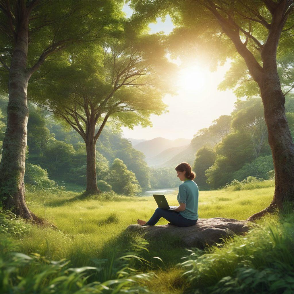 A serene landscape featuring a person sitting peacefully with a laptop in nature, surrounded by lush greenery and soft sunlight filtering through leaves, with vibrant graphs and charts emerging from the laptop screen blending into the scenery, symbolizing data communication leading to bliss. super-realistic. vibrant colors. peaceful atmosphere.